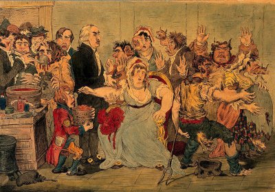 A watercolour painting from 1802 showing a man, Edward Jenner, vaccinating a woman in the middle of a crowd of people, some developing features of cows