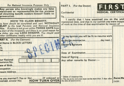 A medical certificate from the Ministry of National Insurance, stamped ‘specimen’, dated 1953 