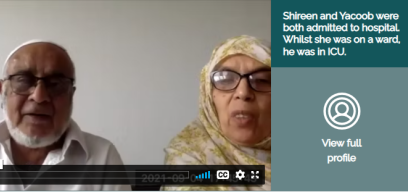 An image of a man and a woman as seen from a Zoom screen on the left, and a split green column on the right with overlaid text describing their different experiences in the hospital with COVID 19