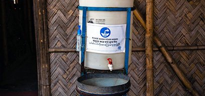 A chlorinated hand washing station inside a medical centre